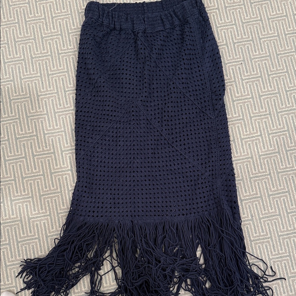 Aqua Navy Crochet Fringe Maxi Skirt